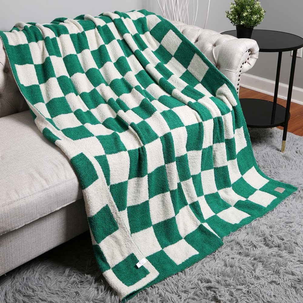 Green CheckerBoard Patterned Two Tone Blanket Design Reversible Throw - Picture 2 of 5